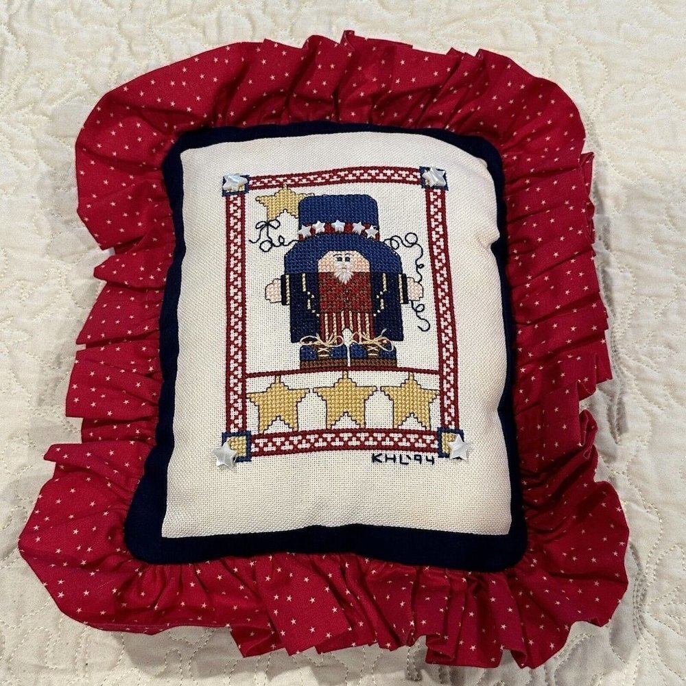 VTG Uncle Sam Cross Stitch‎ Pillow 12x10 Inch USA Handmade Ruffle Red White Blue